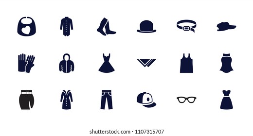 Wear icon. collection of 18 wear filled icons such as glove, socks, dress, baseball cap, belt, jacket, baby bid, hat, singlet, cravat. editable wear icons for web and mobile.