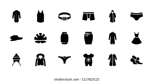 Wear icon. collection of 18 wear filled icons such as baby onesie, baby cap, overcoat, man underwear, jacket, helmet, baseball cap. editable wear icons for web and mobile.
