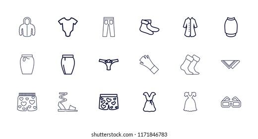 Wear icon. collection of 18 wear outline icons such as baby onesie, socks, skirt, dress, overcoat, panties with heart. editable wear icons for web and mobile.