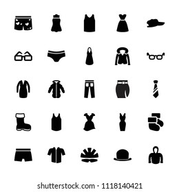 Wear icon. collection of 25 wear filled icons such as boot, dress, skirt, hoodie, overcoat, glasses, underwear with heart, tie, helmet. editable wear icons for web and mobile.