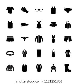 Wear icon. collection of 25 wear filled icons such as gloves, dress, singlet, jacket, pants, overcoat, panties with heart. editable wear icons for web and mobile.