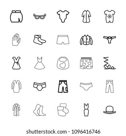 Wear icon. collection of 25 wear outline icons such as baby onesie, hat, socks, sandals, man underwear, pants, skirt, dress, jacket. editable wear icons for web and mobile.