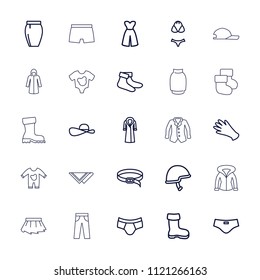 Wear icon. collection of 25 wear outline icons such as boot, gloves, socks, skirt, dress, belt, overcoat, helmet, swimsuit, sun hat. editable wear icons for web and mobile.