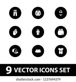 Wear icon. collection of 9 wear filled icons such as baby jumper, overcoat, skirt, baseball cap, swimsuit, glove, pants. editable wear icons for web and mobile.