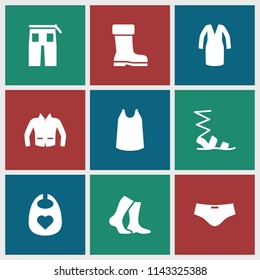 Wear icon. collection of 9 wear filled icons such as baby bid, sandals, singlet, dress, pants, jacket, boot. editable wear icons for web and mobile.