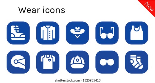 wear icon set. 10 filled wear icons.  Simple modern icons about  - Boots, Cardigan, Hat, Glasses, Sport shirt, Helmet, Football jersey, Cap, Sunglasses, Socks