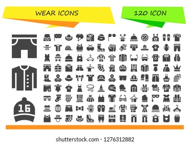  wear icon set. 120 filled wear icons. Simple modern icons about  - Shorts, Cap, Cardigan, Hat, Eye mask, Helmet, Shirt, Glasses, Beanie, Apron, Slippers, Football jersey, Clothes