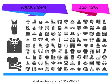 wear icon set. 120 filled wear icons.  Simple modern icons about  - Dress, Shirt, Bow tie, Hat, Boots, Baby bib, Slippers, Helmet, Virtual reality, Tshirt, Scarf, Apron, Glasses