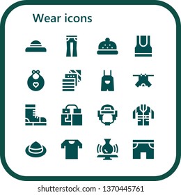 wear icon set. 16 filled wear icons.  Simple modern icons about  - Hat, Jeans, Bonnet, Tank top, Baby bib, Fabric, Overall, Clothes, Boots, Gloves, Helmet, Jacket, Shirt, Potter