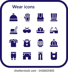 Wear Icon Set. 16 Filled Wear Icons.  Simple Modern Icons About  - Hat, Glove, Tank Top, Sunglasses, Helmet, Virtual Glasses, Football Jersey, Bib, Baby Hat, Pants, Shorts, Jeans