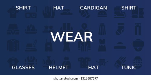 wear icon set. 32 filled wear icons. on blue background style Simple modern icons about  - Shirt, Hat, Cardigan, Glasses, Helmet, Tunic, Gloves, Sunglasses, Overall, Potter, Vest