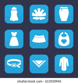 Wear icon. set of 9 filled wear icons such as baby bid, cravat, skirt, dress, belt, jacket
