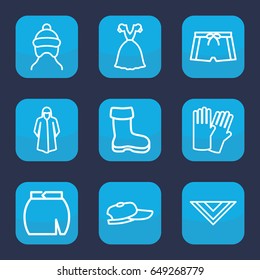 Wear icon. set of 9 outline wear icons such as boot, baby cap, glove, overcoat, cravat, skirt, dress, man swim wear