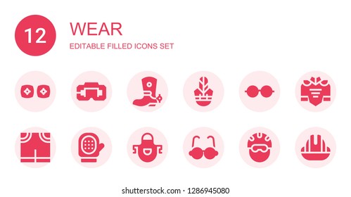 wear icon set. Collection of 12 filled wear icons included Vr, Virtual reality, Boot, Hat, Eyeglasses, Pants, Glove, Apron, Glasses, Helmet, Dress