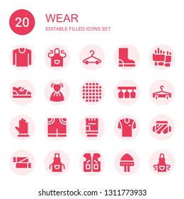 wear icon set. Collection of 20 filled wear icons included Shirt, Apron, Hanger, Boot, Gloves, Boots, Dress, Cloth, Glasses, Pants, Glove, Safety glasses, Scarf, Vest, Helmet