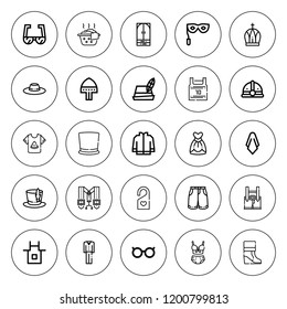 Wear icon set. collection of 25 outline wear icons with apron, boot, basketball jersey, clothes, dress, eye mask, eyeglasses, hat, hanger, helmet icons. editable icons.