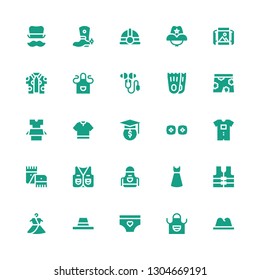 wear icon set. Collection of 25 filled wear icons included Hat, Apron, Panties, Dress, Vest, Scarf, Baby clothes, Vr, Tshirt, Clothes, Short, Flippers, Ear protection, Shirt, Panoramic view