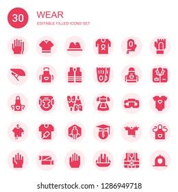 wear icon set. Collection of 30 filled wear icons included Gloves, Tshirt, Hat, Shirt, Glove, Helmet, Apron, Vest, Flippers, Headgear, Flipper, Dress, Virtual reality, Clothes