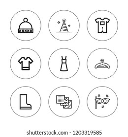 Wear icon set. collection of 9 outline wear icons with baby clothes, boots, dress, eye mask, fabric, hanger, hat icons. editable icons.