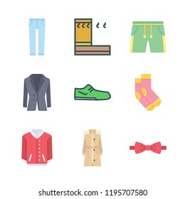 wear icon set. vector set about bow tie, shoe, jacket and jeans icons set.