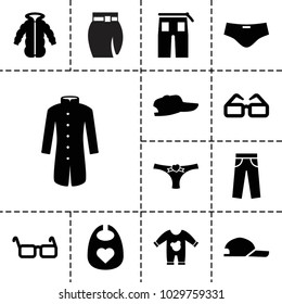 Wear icons. set of 13 editable filled wear icons such as baby bid, pants, baseball cap, panties with heart, glasses, man swim wear, baby onesie, skirt, jacket