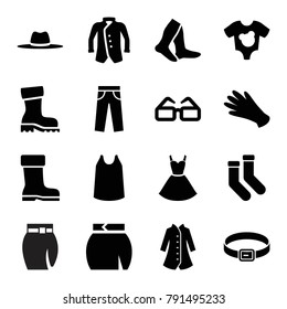 Wear icons. set of 16 editable filled wear icons such as gloves, socks, singlet, skirt, jacket, hat, boot, baby onesie, pants, dress, belt, overcoat