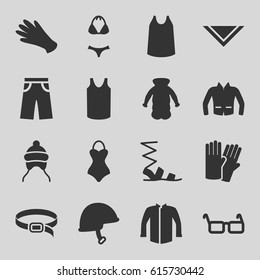 Wear icons set. set of 16 wear filled icons such as baby cap, glove, gloves, sandals, singlet, jacket, cravat, pants, belt, overcoat, helmet, glasses