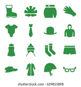 Wear icons set. set of 16 wear filled icons such as boot, baby onesie, baby cap, hat, gloves, socks, skirt, hoodie, overcoat, helmet, tie, man swim wear, glasses