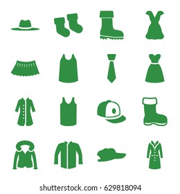 Wear icons set. set of 16 wear filled icons such as boot, baby socks, singlet, jacket, skirt, dress, baseball cap, overcoat, hat