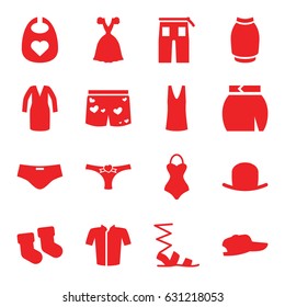 Wear icons set. set of 16 wear filled icons such as baby socks, baby bid, hat, sandals, singlet, jacket, dress, pants, skirt, panties with heart, underwear with heart