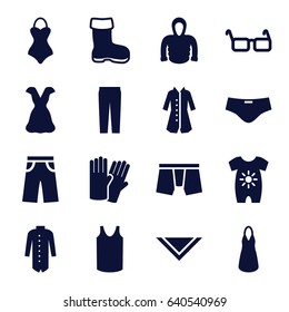 Wear icons set. set of 16 wear filled icons such as boot, baby onesie, glove, man underwear, dress, singlet, cravat, pants, hoodie, jacket, overcoat, glasses, man swim wear