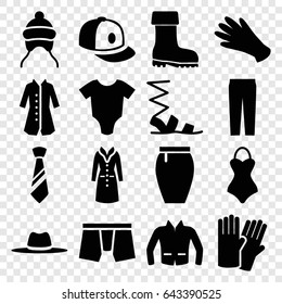 Wear icons set. set of 16 wear filled icons such as baby onesie, baby cap, glove, gloves, sandals, man underwear, pants, skirt, baseball cap, jacket, overcoat, boot, hat, tie