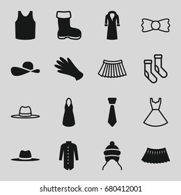 Wear icons set. set of 16 wear filled and outline icons such as boot, baby cap, gloves, dress, singlet, skirt, jacket, overcoat, hat, tie, sun hat, socks