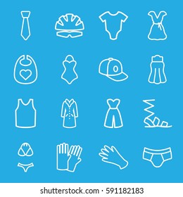 wear icons set. Set of 16 wear outline icons such as baby onesie, baby bid, glove, gloves, sandals, man underwear, singlet, skirt, dress, baseball cap, overcoat, tie, swimsuit