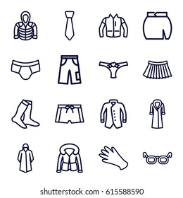 Wear icons set. set of 16 wear outline icons such as gloves, socks, overcoat, man underwear, pants, skirt, jacket, hoodie, panties with heart, tie, man swim wear