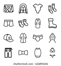 Wear icons set. set of 16 wear outline icons such as boot, baby socks, baby onesie, baby cap, socks, man underwear, pants, skirt, baseball cap, overcoat, bow tie