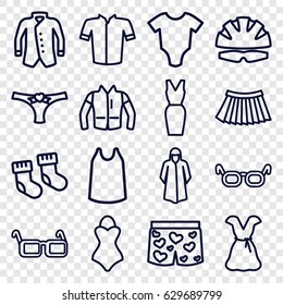 Wear icons set. set of 16 wear outline icons such as baby socks, baby onesie, overcoat, singlet, jacket, skirt, dress, panties with heart, underwear with heart, glasses