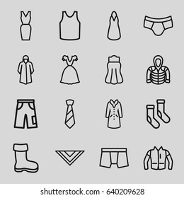 Wear icons set. set of 16 wear outline icons such as boot, socks, overcoat, man underwear, dress, singlet, cravat, pants, skirt, jacket, hoodie