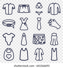 Wear icons set. set of 16 wear outline icons such as baby onesie, baby bid, gloves, dress, singlet, jacket, skirt, belt, overcoat, underwear with heart, tie, man swim wear