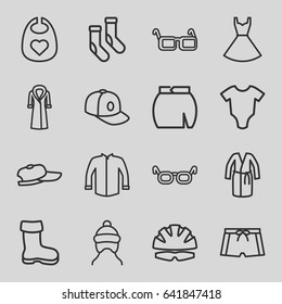 Wear icons set. set of 16 wear outline icons such as boot, baby onesie, baby bid, baby cap, socks, jacket, dress, skirt, baseball cap, overcoat, glasses, man swim wear