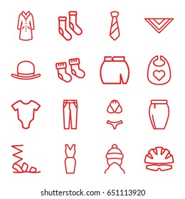 Wear icons set. set of 16 wear outline icons such as baby socks, baby onesie, hat, socks, sandals, cravat, pants, skirt, dress, overcoat, tie, swimsuit