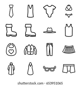 Wear icons set. set of 16 wear outline icons such as boot, baby onesie, baby bid, overcoat, man underwear, dress, singlet, pants, skirt, jacket, hat, tie, swimsuit