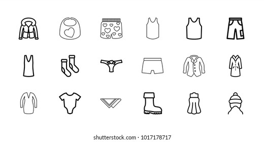 Wear icons. set of 18 editable outline wear icons: baby onesie, baby cap, socks, singlet, pants, skirt, overcoat, boot, panties with heart, baby bid, man underwear, dress