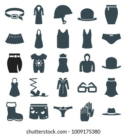 Wear icons. set of 25 editable filled wear icons such as boot, baby onesie, hat, sandals, dress, skirt, belt, hoodie, overcoat, panties with heart, underwear with heart