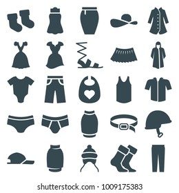 Wear icons. set of 25 editable filled wear icons such as baby socks, baby onesie, overcoat, sandals, man underwear, pants, skirt, dress, belt, helmet, sun hat, socks, singlet