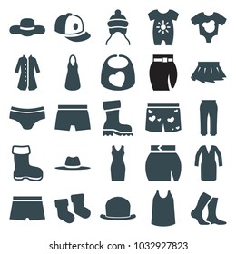 Wear icons. set of 25 editable filled wear icons such as boot, baby socks, baby onesie, dress, singlet, skirt, baseball cap, overcoat, hat, underwear with heart, man swim wear