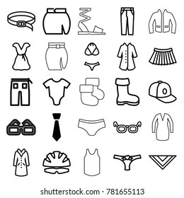 Wear icons. set of 25 editable outline wear icons such as tie, boot, baby onesie, cravat, pants, skirt, dress, baseball cap, belt, overcoat, glasses, panties with heart