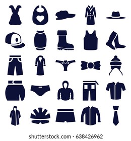 Wear icons set. set of 25 wear filled icons such as baby bid, baby cap, socks, overcoat, singlet, jacket, pants, skirt, dress, baseball cap, hoodie, bow tie, boot, hat
