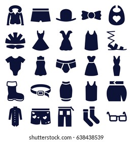 Wear icons set. set of 25 wear filled icons such as boot, baby onesie, baby bid, hat, socks, sandals, man underwear, singlet, pants, skirt, dress, belt, jacket, overcoat