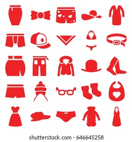 Wear icons set. set of 25 wear filled icons such as baby socks, baby bid, baby cap, hat, socks, man underwear, dress, cravat, pants, skirt, baseball cap, belt, overcoat